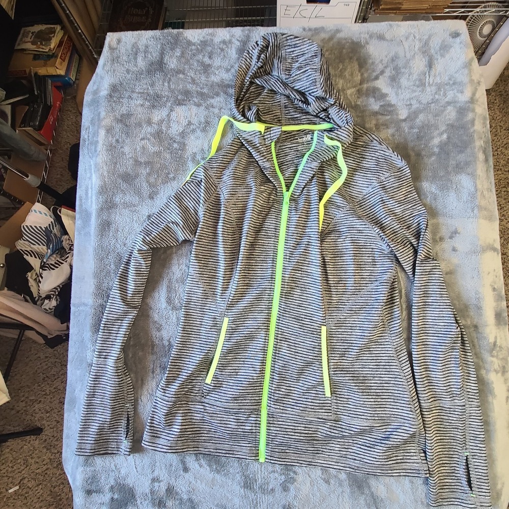 Lukka Womens Full Zip Hoodie Sweatshirt Gray Stripe Pockets Thumb Loops. Large